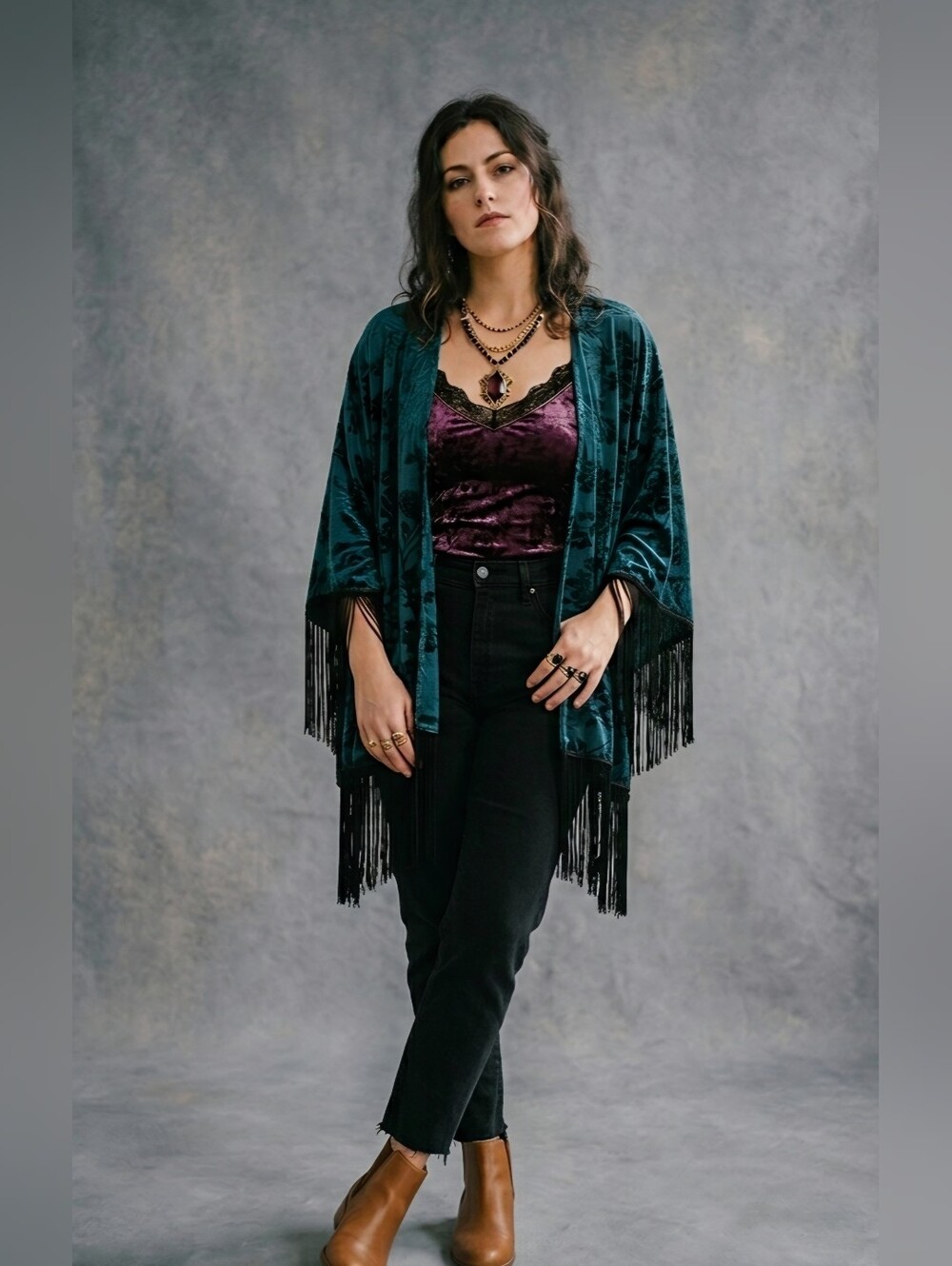 Gypsies & Moondust Teal Velvet Burnout Fringe Kimono Cardigan Whimsigoth M
